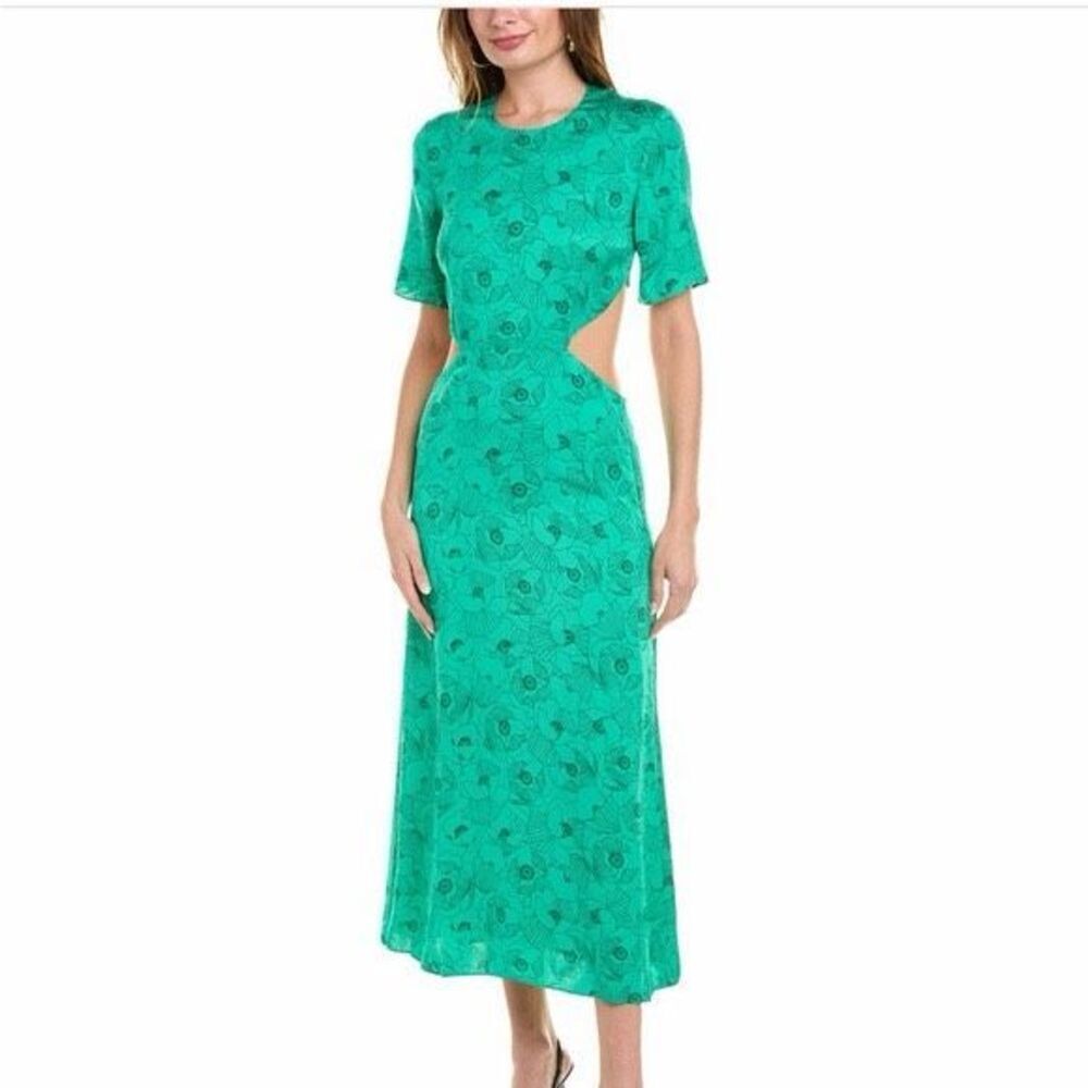 NWT The Kooples Green Graphic Poppies CutOut Back Midi Dress Size 1 (Small)